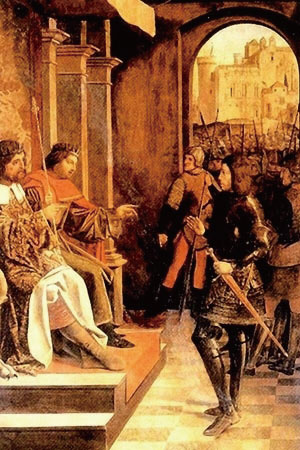 若斯．列菲林西（Josse Lieferinxe），〈圣塞巴斯蒂安面见马克西米安和戴克里先皇帝〉（Saint Sebastian Before Emperors Maximian and Diocletian），1497年作，圣彼得堡艾尔米塔什博物馆藏。画中圣塞巴斯蒂安身穿罗马禁卫军的制服。