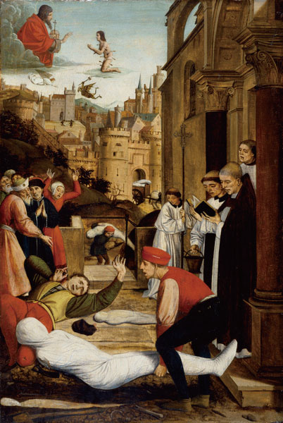 若斯．列菲林西（Josse Lieferinxe），〈圣塞巴斯蒂安代瘟疫灾区向神祈祷〉（Saint Sebastian Interceding for the Plague Stricken），1497年作，美国巴尔的摩市沃尔特斯艺术博物馆藏。（维基百科公共领域）