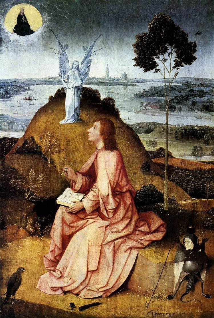 [尼德兰]希罗尼穆斯‧博斯（Hieronymus Bosch），《拔摩岛上的圣约翰》，约1500年作，柏林国立博物馆藏。（维基百科公共领域）