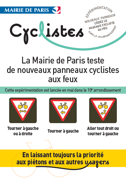 通常自行车骑士遇红灯该向右转。近日，巴黎市政府正在尝试，红灯时自行车骑士可向左转的可能性。 从今年5月起，在巴黎10区的某些街道的十字路口上，安装了三种自行车遇红灯时的指示牌：向左转、向右转或直行，以测试人们的交通行为。 巴黎市政府表示，这项举措有助于研究汽车驾驶者、步行者及自行车骑士的交通行为，以便确认安装更符合人们的行为习惯及交通安全的指示牌。 如果自行车遇红灯向左转的测试能更好地保障行人安全，自行车遇红灯只能向右转的规定可能会被调整。 本报驻法国记者慈蕊