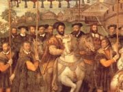 1540年1月1日，神圣罗马帝国皇帝查理五世（中间穿黑色衣服的骑马者）和弗朗索瓦一世（中间穿土黄色披风的骑马者）共同进入巴黎。两人是小舅子和姐夫的亲戚关系，两人从年轻到老，也是宿敌。（图片来源：维基百科）