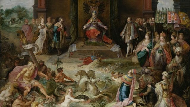1555年10月25日，在布鲁塞尔，神圣罗马帝国皇帝查理五世退位。在最高的中心处，查理五世坐在他的宝座上，左边是他的弟弟斐迪南一世，右边是他的儿子西班牙国王腓力二世。（图片来源：维基百科）