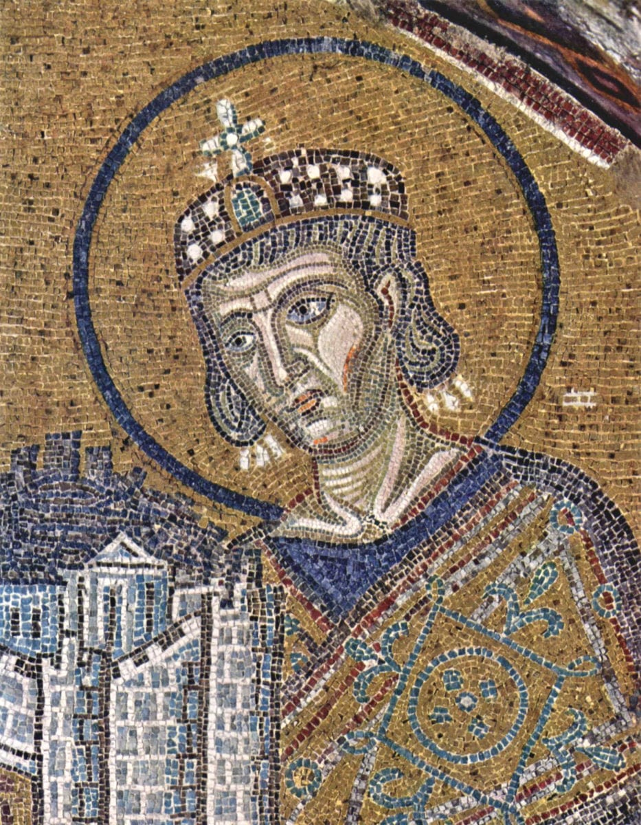 君士坦丁大帝向耶稣献上新罗马城，圣索非亚大教堂镶嵌画